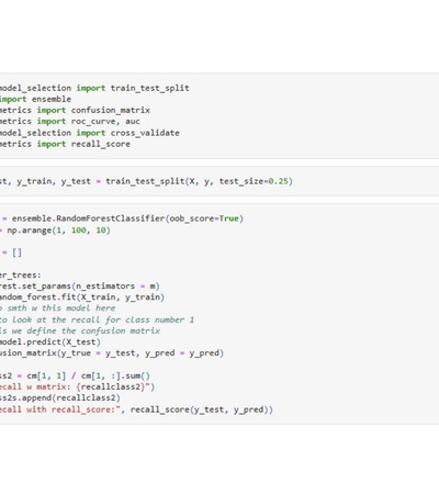 This image shows a Python code snippet for implementing a Random Forest classifier using the scikit-learn library.