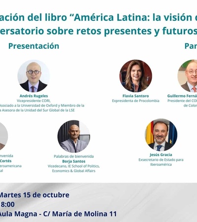 Promotional poster for a book presentation and discussion panel on Latin America's present and future challenges, featuring portraits and names of various speakers.