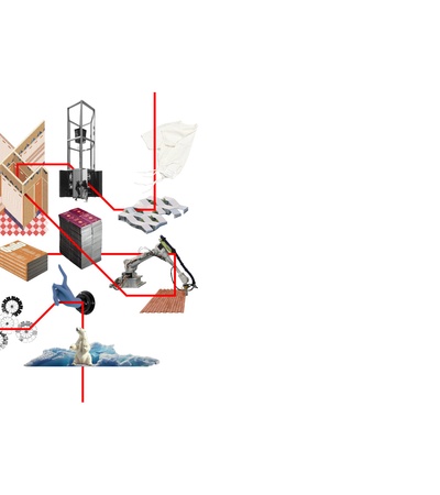 An abstract composition of various elements including architectural structures, mechanical parts, and human figures, interconnected by red lines.