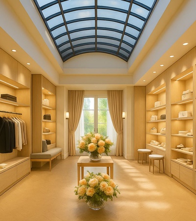 A stylish boutique interior featuring neatly arranged clothing and a floral centerpiece.