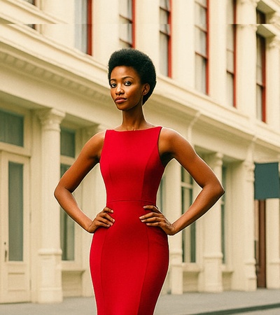 A woman in a red dress poses confidently in an urban street setting.