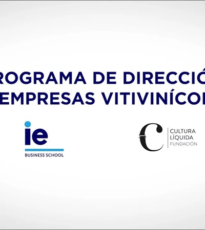 A promotional graphic for a wine business management program, displaying logos of IE Business School and Cultura Líquida Fundación.