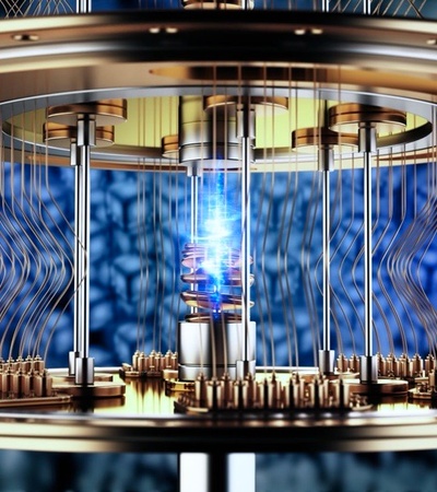 A futuristic quantum computer with glowing components and intricate circuitry.