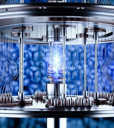 A futuristic representation of a quantum computer with glowing components.
