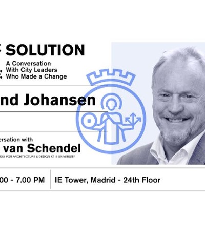 An event flyer for a conversation featuring Raymond Johansen, the former mayor of Oslo.