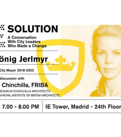 This image is a promotional flyer for a lecture featuring Anna König Jerlmyr, the former City Mayor of Stockholm, discussing city leadership.