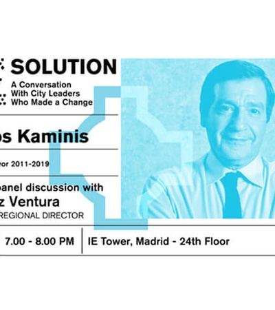 The image features a promotional poster for a lecture with Georgios Kaminis, former mayor of Athens, detailing the event and its participants.