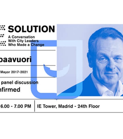 A promotional poster for a lecture featuring Jan Vapaavuori, Helsinki's former city mayor.