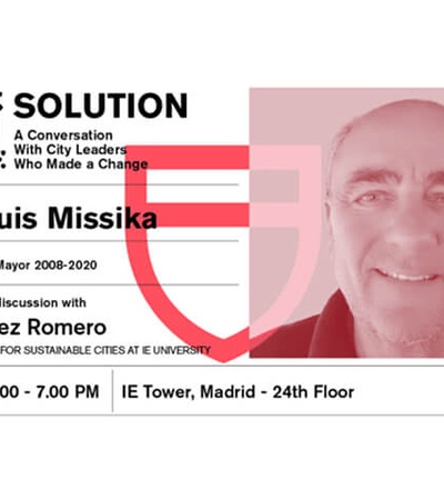 A promotional flyer for a lecture by Jean-Louis Missika discussing city leadership and sustainable practices.