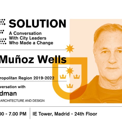 Promotional poster featuring Jorge Muñoz Wells for an event about city leadership in Madrid.