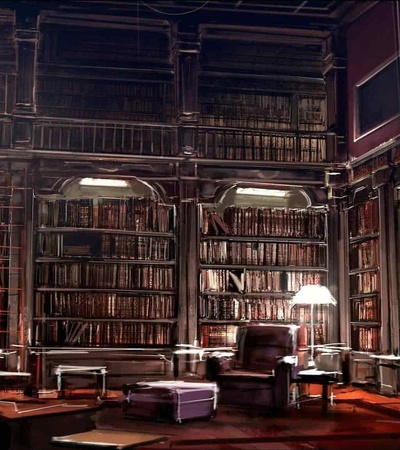 A cozy library filled with tall bookshelves and warm lighting.