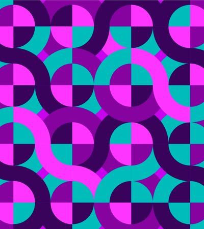 A geometric pattern consisting of overlapping circles in shades of purple, pink, and turquoise on a dark background.