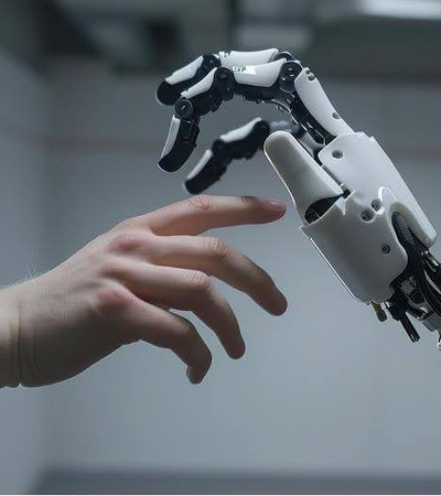 A human hand reaches out to touch a robotic hand.