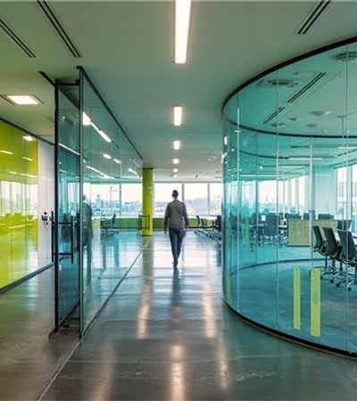 A modern office space with bright green and glass walls, featuring a person walking toward a conference room.