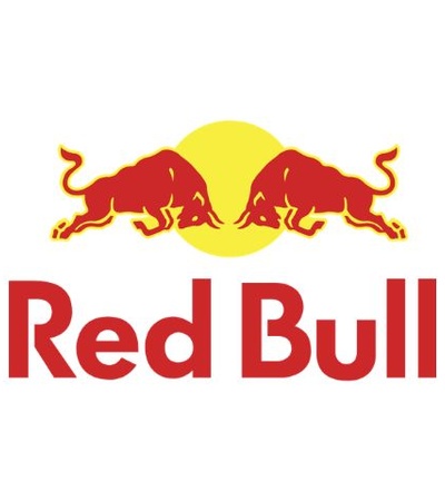 The logo of Red Bull featuring two red bulls facing each other in front of a yellow sun.
