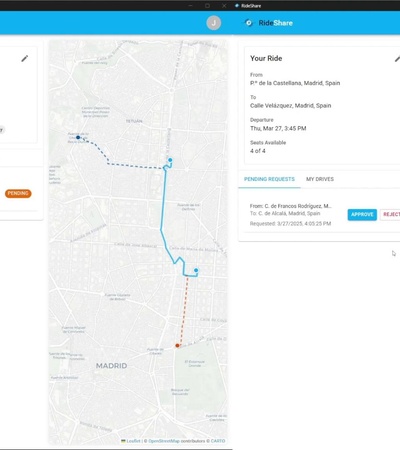 The image shows a ride-sharing interface displaying ride options and maps in Madrid, Spain.