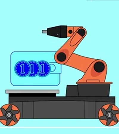 A robotic arm is shown handling coins on a mobile platform.