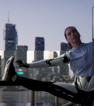 A woman is stretching on a railing with high-tech leg braces against a city skyline during twilight.