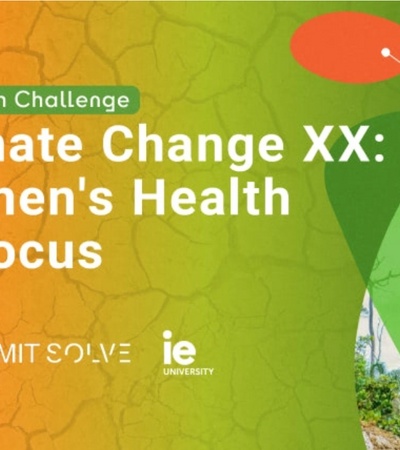 A promotional banner for a climate change and women's health research challenge, featuring a woman in a green landscape.
