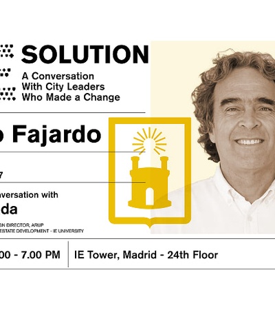 A promotional flyer for a lecture featuring Sergio Fajardo discussing urban leadership.