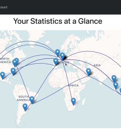 A map displaying statistics with flight paths connecting various continents.