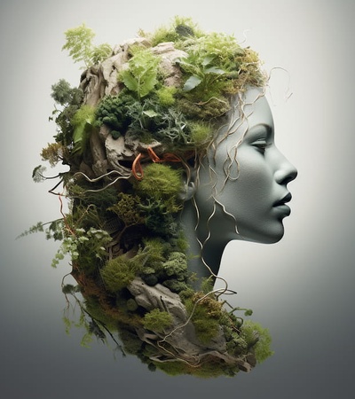 An artistic representation of a female head profile, covered and blended with various types of greenery and moss.
