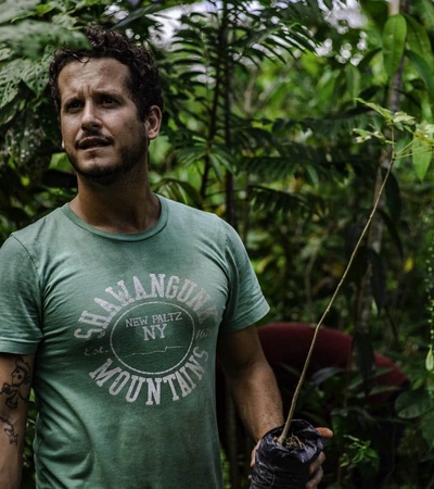 A man standing in a lush green forest holding a small plant with gardening gloves on.