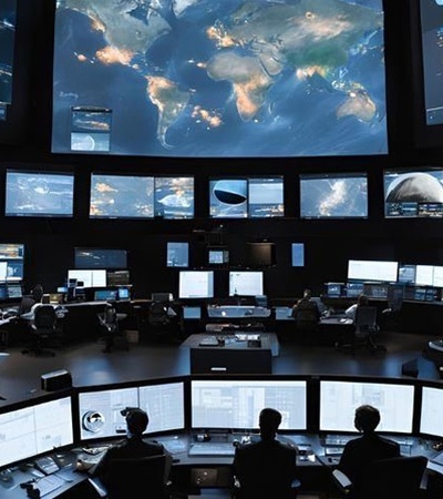 A high-tech control room monitoring Earth from space with multiple screens displaying various data.