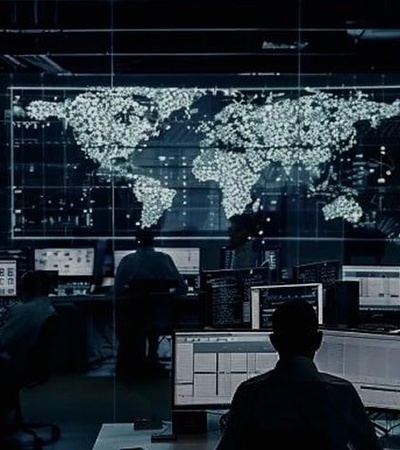 A high-tech control room with screens displaying global data and analytics.