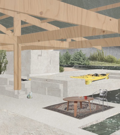 Illustration of a construction site with various building materials, rubber boots, and caution signage.