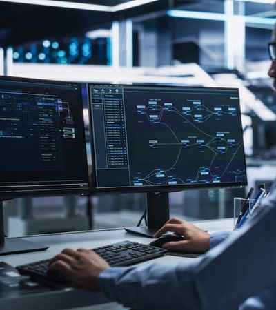 A man working at a computer desk with dual monitors displaying data analytics and charts.
