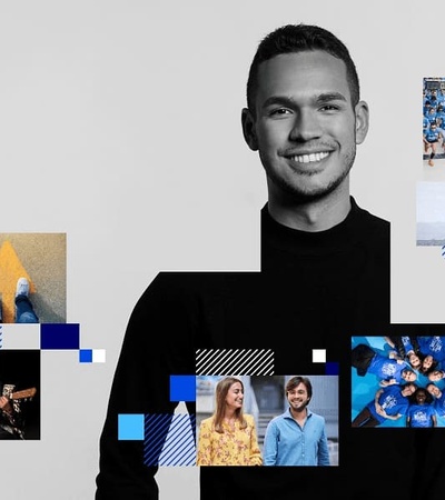 Collage of a smiling man overlaid with various images including people, sports, and music, set against a grey background decorated with blue geometric shapes.
