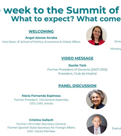 Promotional banner for an event titled 'One week to the Summit of the Future' featuring schedules, speaker photos, and names.