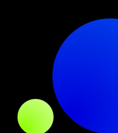 A graphic image featuring a large blue circle and two smaller green circles on a black background.