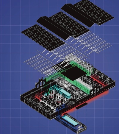 An exploded view of a circuit board with various electronic components laid out.