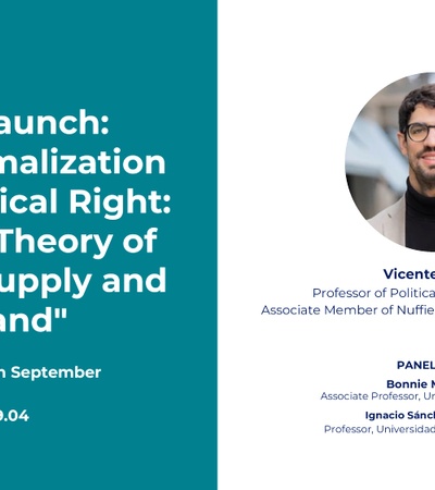 Advertisement for a book launch titled 'The Normalization of the Radical Right: A Norms Theory of Political Supply and Demand' featuring a photo of the author Vicente Valentim.