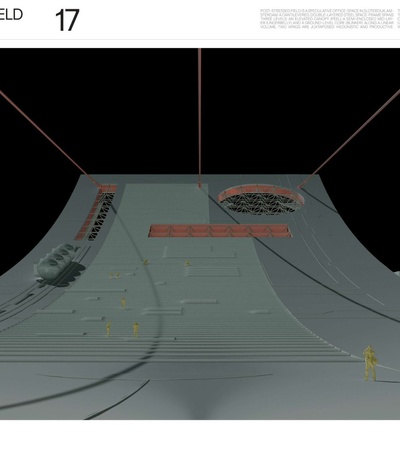 A futuristic landscape featuring a geometric ramp with yellow figures, a vehicle, and abstract structures.