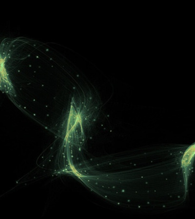 A digital image depicting glowing green abstract patterns against a dark background.