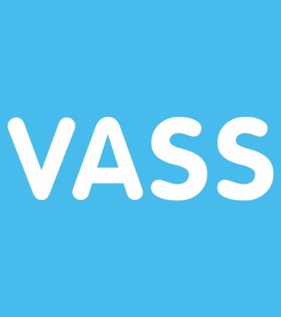 The image features the word 'VASS' in bold white letters against a blue background.