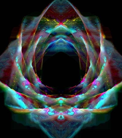 A vibrant abstract design featuring ethereal shapes and colors against a black background.