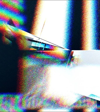 An abstract image featuring vibrant colors and geometric shapes creating a distorted visual effect.