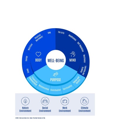 This image presents a circular diagram centered around the concept of 'Well-being,' divided into three major segments: Body, Mind, and Spirit, each further detailing related aspects such as diet, day vs. night, and purpose.