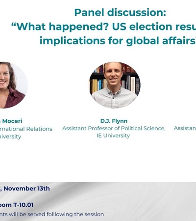 Advertisement for a panel discussion at IE University on US election results and their global implications, featuring three professors.