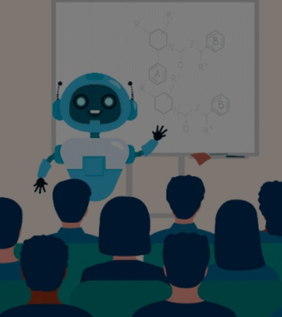 A robot presenting to an audience in a seminar with a diagram on the screen behind it.