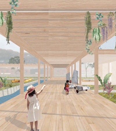 A digital rendering of an airy, ecological pavilion with people and hanging plants, overlooking a scenic view.