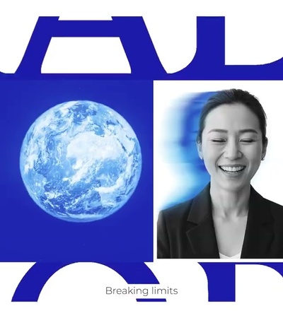 A woman smiling next to a blue globe, symbolizing inspiration and limitless potential.