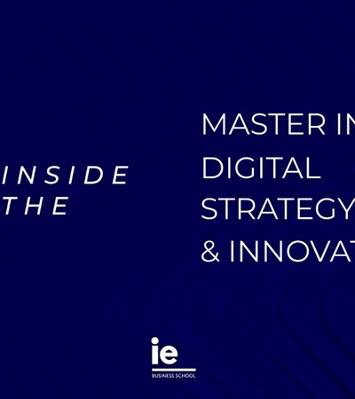 A promotional image for a master's program in digital strategy, AI, and innovation.