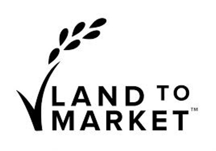 A black and white logo featuring the text 'Land to Market' with a graphic of a plant stem and leaves.