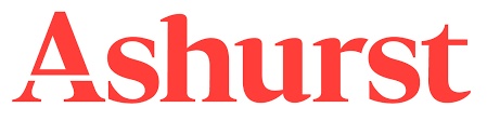 The image displays the red logo of 'Ashurst' in a modern sans-serif typeface.