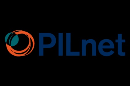 Logo of PILnet featuring an abstract orange and blue circular design on a black background.